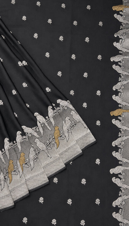 Mashru Banaras saree with Silver butties and Silver Kaddi border - Black
