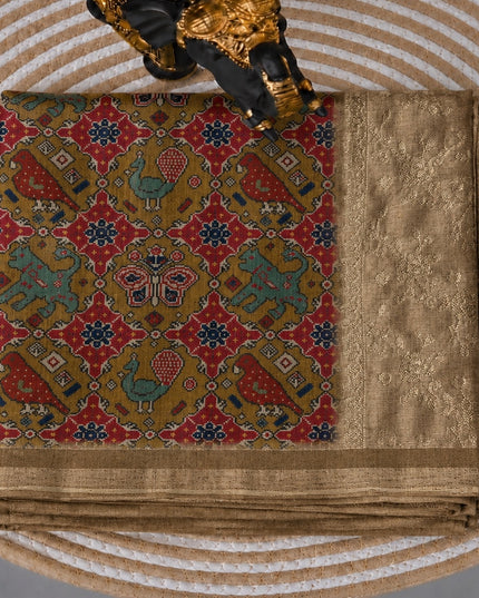 Tusser Silk Saree with Patola Print and Contrast Border - Mustard Yellow