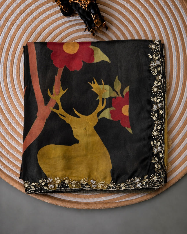 Crepe Saree With Floral Print and Karahan  Pearl Work Border- Black