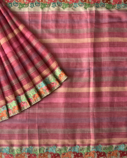Linen Tissue Saree with Multi Stripes and Pichwai Border - Maroon