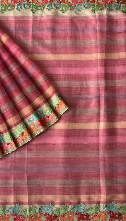 Linen Tissue Saree with Multi Stripes and Pichwai Border - Maroon