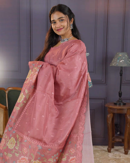 Kota  Silk Saree With Allover Thread Embroidery Butties  and Scallop Border - Peach