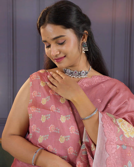 Kota  Silk Saree With Allover Thread Embroidery Butties  and Scallop Border - Peach