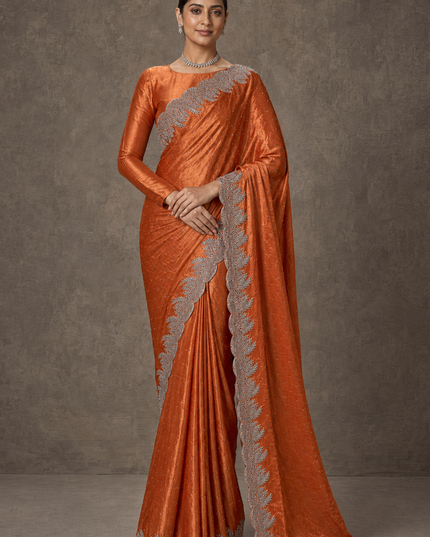 russain silk saree with zardozi  stone work and  scallop border-orange