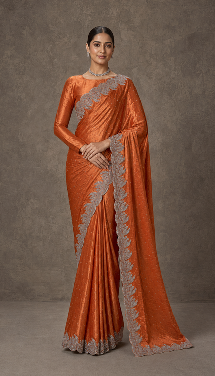 russain silk saree with zardozi  stone work and  scallop border-orange