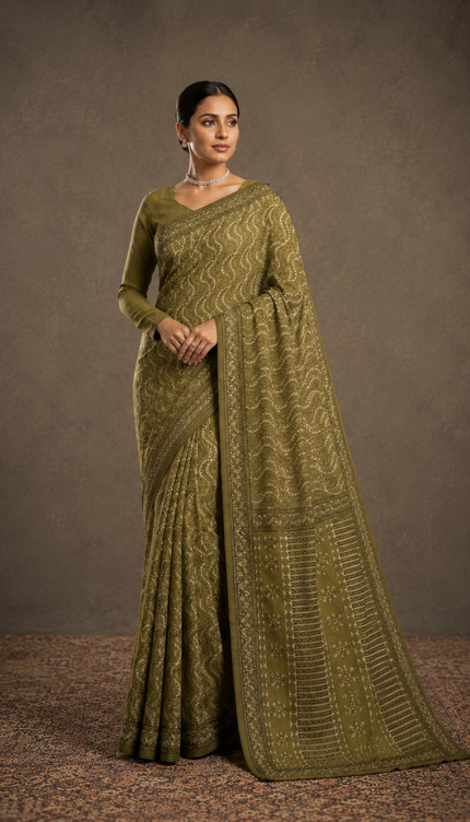 cotton sarere with Floral Print -Green