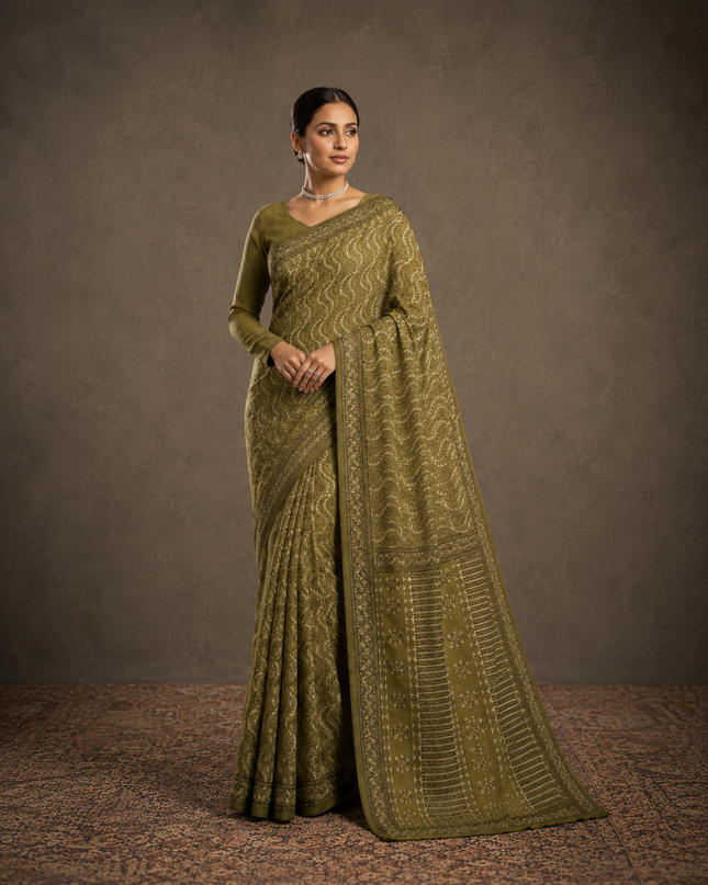 cotton sarere with Floral Print -Green