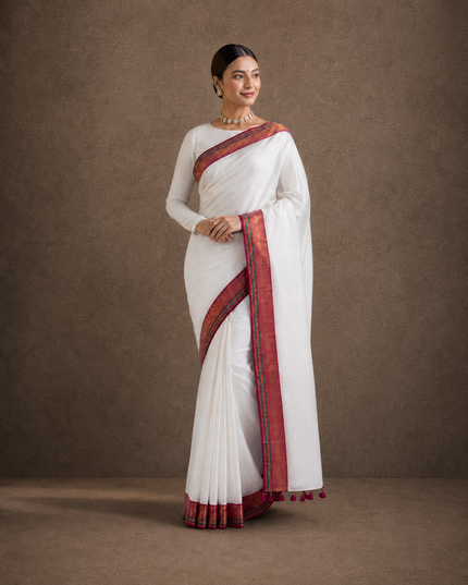 cotton sarere with Kamchi Border - White