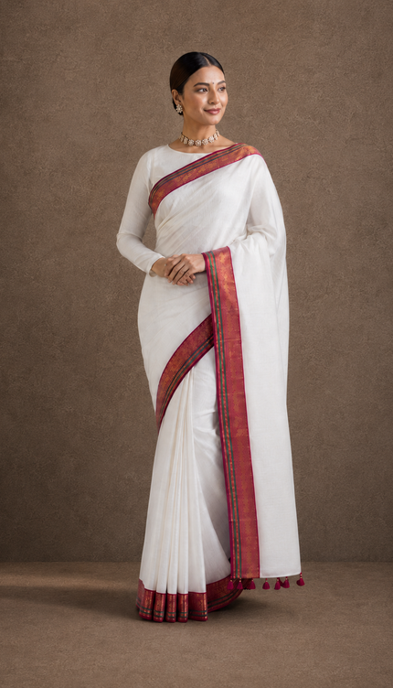 cotton sarere with Kamchi Border - White