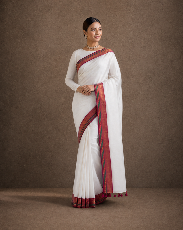 cotton sarere with Kamchi Border - White