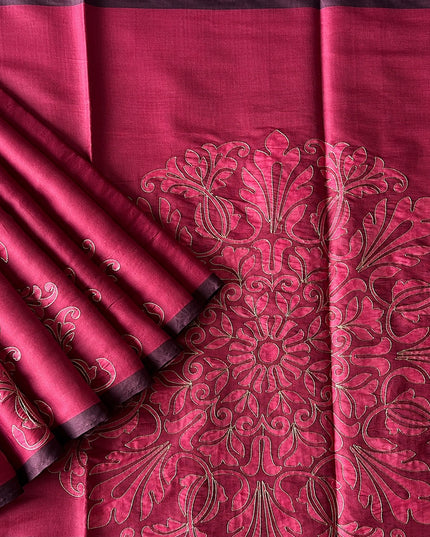 Tusser Silk Saree with Ari work and Contrast Border  - Wine