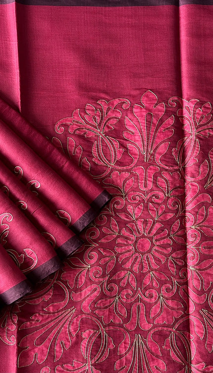 Tusser Silk Saree with Ari work and Contrast Border  - Wine