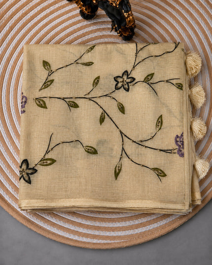 Linen Saree with Floral Print and Kardhana Work  - Beige &  purple