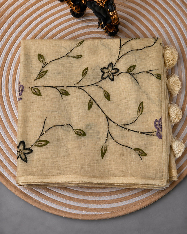 Linen Saree with Floral Print and Kardhana Work  - Beige &  purple