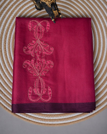 Tusser Silk Saree with Ari work and Contrast Border  - Wine