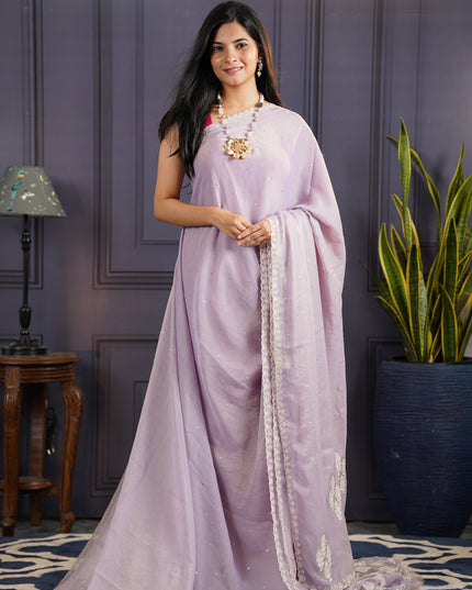 Soft Organza Tissue Saree With  Hand Work and Scallop Border- Lavender