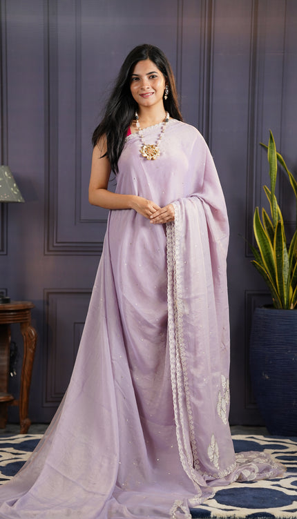 Soft Organza Tissue Saree With  Hand Work and Scallop Border- Lavender