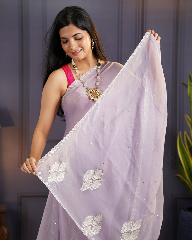 Soft Organza Tissue Saree With  Hand Work and Scallop Border- Lavender