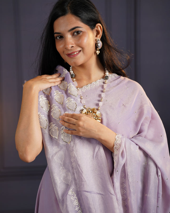 Soft Organza Tissue Saree With  Hand Work and Scallop Border- Lavender