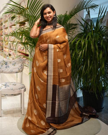Silk Kota Saree with Gold and Silver Butties and Satin Border - Brown