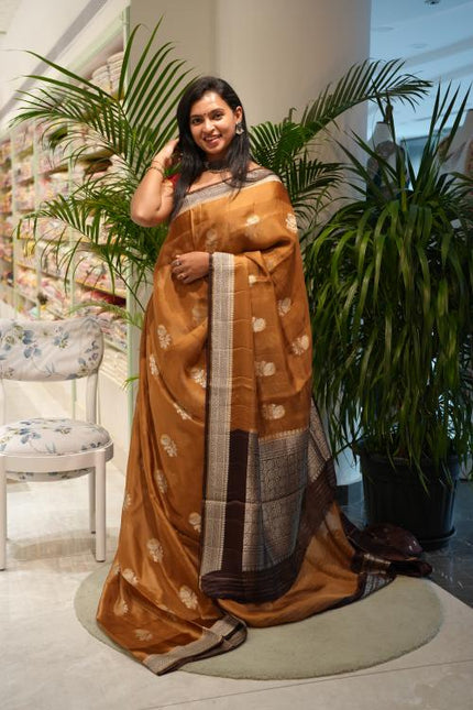 Silk Kota Saree with Gold and Silver Butties and Satin Border - Brown