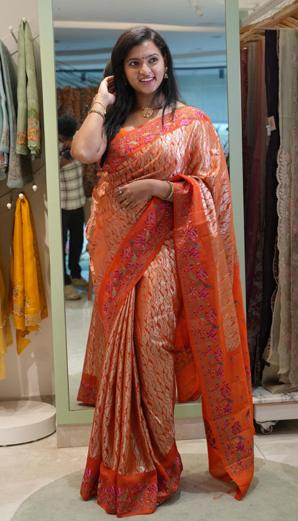 Banaras Saree with Antique Zari Brocade weaving Thread Embroidery Border-Orange