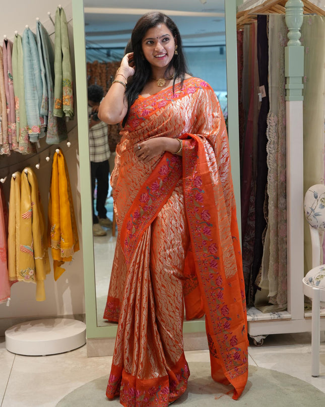 Banaras Saree with Antique Zari Brocade weaving Thread Embroidery Border-Orange