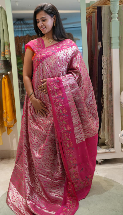 Banaras Saree with Antique Zari Brocade weaving Thread Embroidery Border- Pink