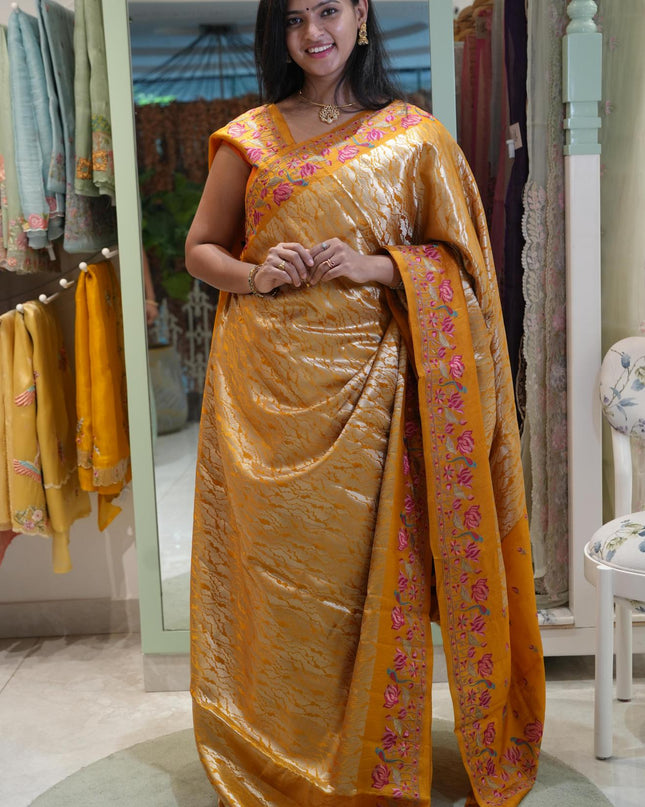 Banaras Saree with Antique Zari Brocade weaving Thread Embroidery Border - Mustard