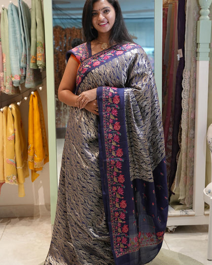 Banaras Saree with Antique Zari Brocade weaving Thread Embroidery Border -Navy Blue