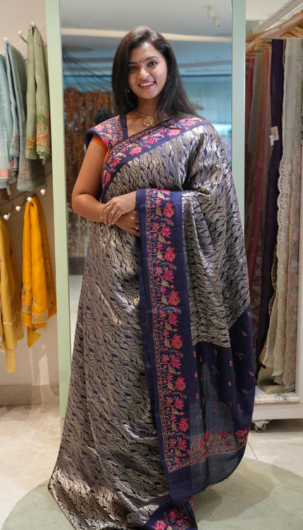 Banaras Saree with Antique Zari Brocade weaving Thread Embroidery Border -Navy Blue