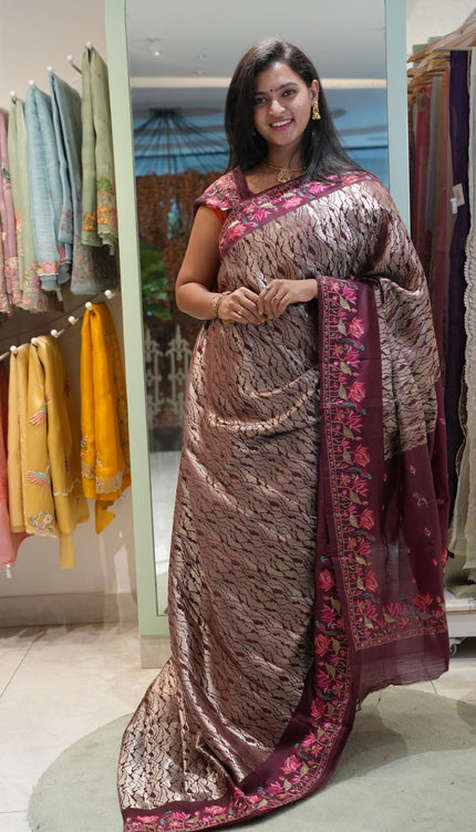 Banaras Saree with Antique Zari Brocade weaving Thread Embroidery Border -Brown