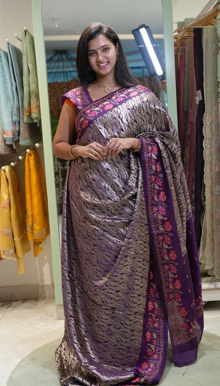 Banaras Saree with Antique Zari Brocade weaving Thread Embroidery Border - Purple