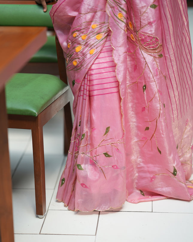 Russian Silk Saree Hand Painting Design With Kardana & Sequence Work Scallop Border With Pearl Work- Onion Pink