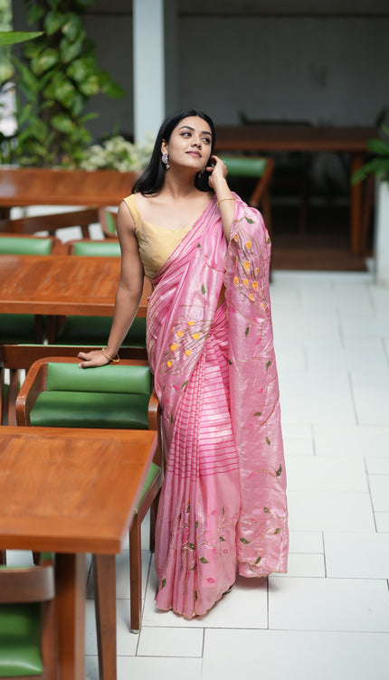 Russian Silk Saree Hand Painting Design With Kardana & Sequence Work Scallop Border With Pearl Work- Onion Pink