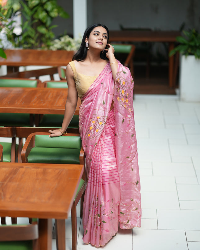 Russian Silk Saree Hand Painting Design With Kardana & Sequence Work Scallop Border With Pearl Work- Onion Pink