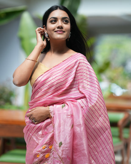 Russian Silk Saree Hand Painting Design With Kardana & Sequence Work Scallop Border With Pearl Work- Sky blue (Copy)