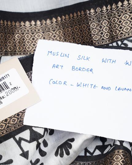 Muslin Silk Saree With Warli Art Border - White & Lavender