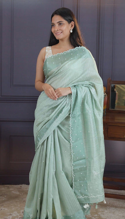 Jute Tusser Silk Saree with Satin Border and Pearl work Butties - Mint Green