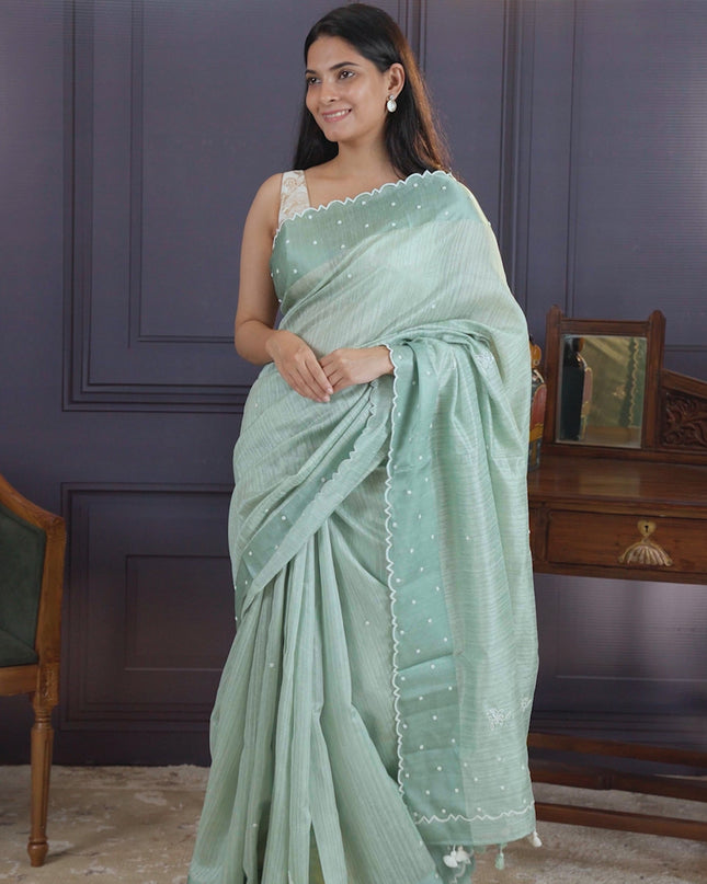 Jute Tusser Silk Saree with Satin Border and Pearl work Butties - Mint Green