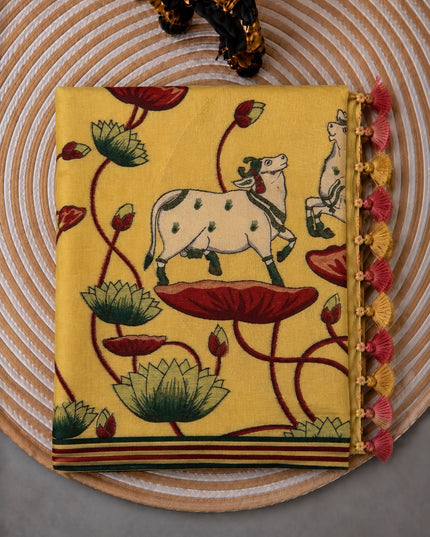 Linen Tissue Saree with Multi Stripes and Pichwai Border -Light Yellow