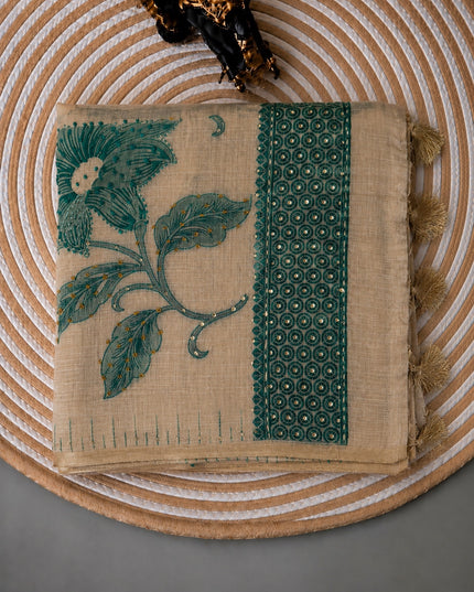 Linen Saree with Floral Print French Knot Work and Kantha Work - Beige &  Green