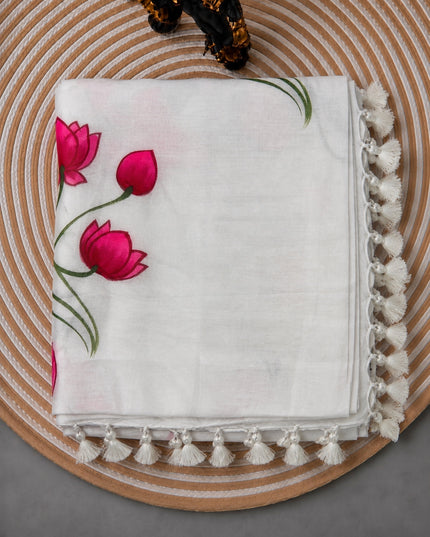 Mul cotton saree and Hand Painting with Tassels-  White