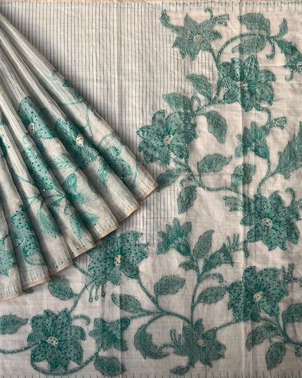 Linen Saree with Floral Print French Knot Work and Kantha Work - Beige &  Green