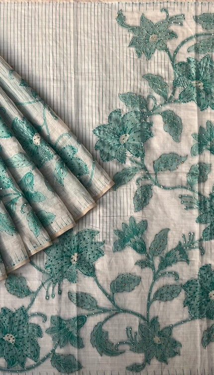 Linen Saree with Floral Print French Knot Work and Kantha Work - Beige &  Green