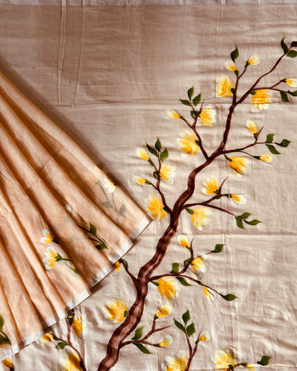 Mul cotton saree with Hand Painting  -  Peach