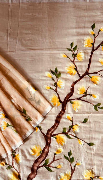 Mul cotton saree with Hand Painting  -  Peach