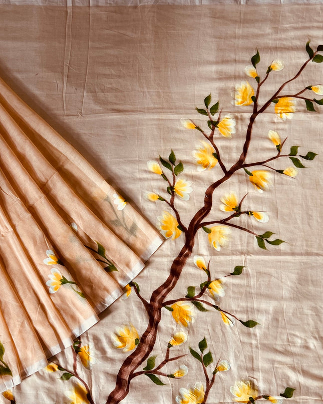Mul cotton saree with Hand Painting  -  Peach