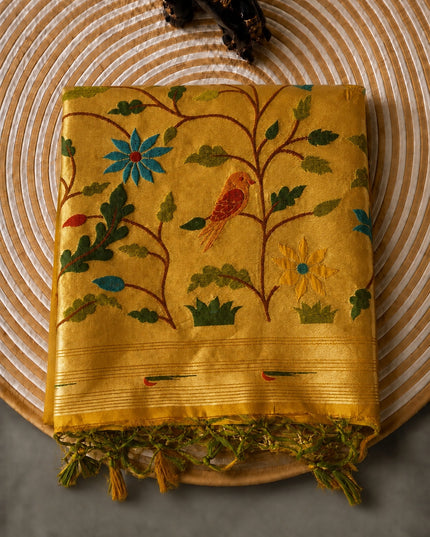 Chanderi  Saree with All over Golden Butties and muniya Border - Mustard