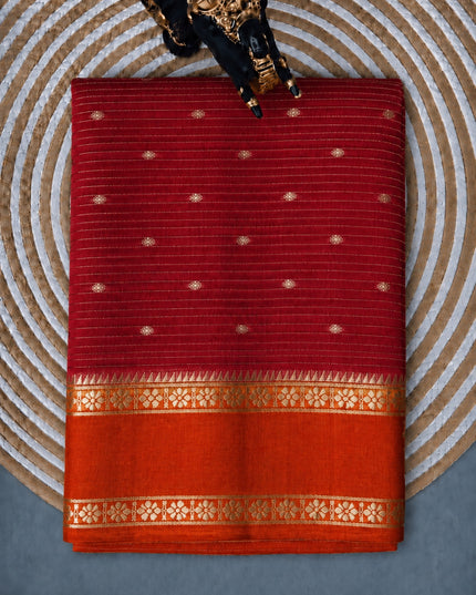 Munga Silk Saree With All over Oosi Design and Small Gold Butties  Contrast Border- Orange & Red